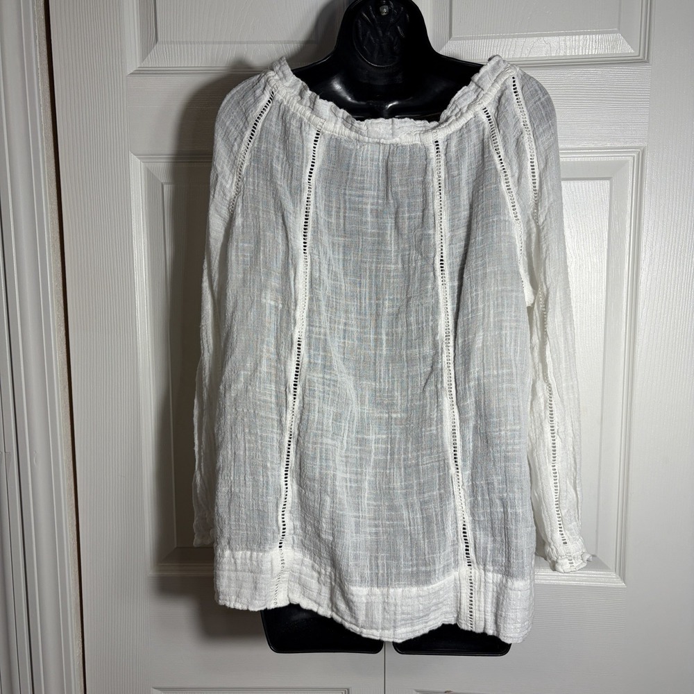 Sundance Gauze Shirt Petite M Off White Cotton Blend Tassel Tie Peasant Blouse - Picture 5 of 10